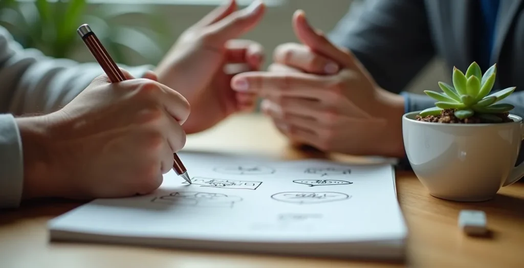 Sesión de coaching uno a uno entre líder y colaborador en espacio natural de trabajo Sesión de coaching uno a uno entre líder y colaborador en espacio natural de trabajo